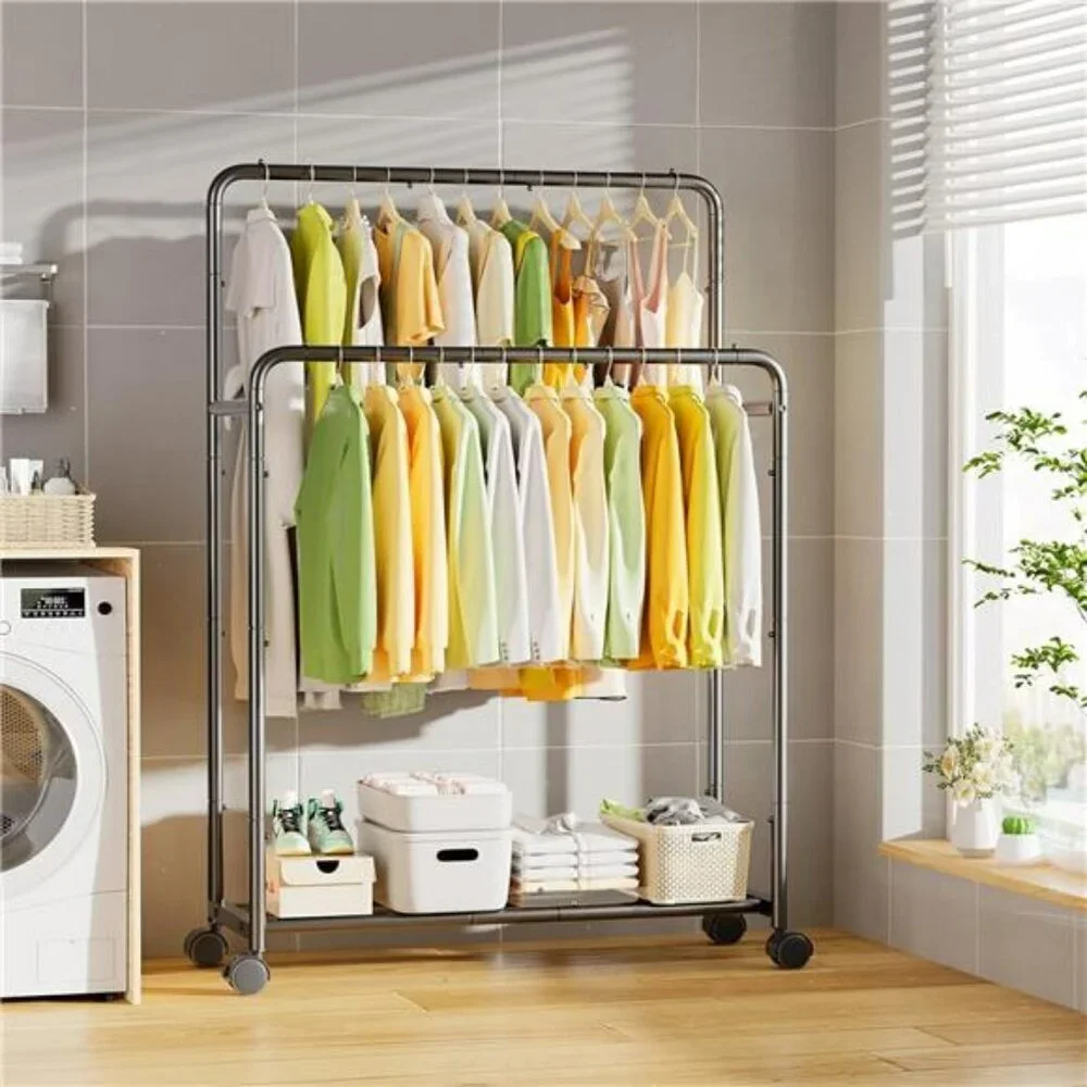 Rolling Clothes Rack Double Rod Garment Rack with Wheels Metal Black - Picture 4 of 7